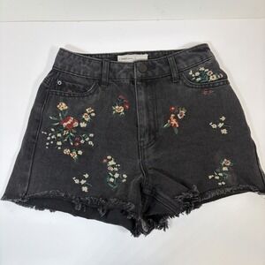 Banjara Floral Embroidered Denim Shorts Womens 0/23 Black Raw Hem Boho Festival